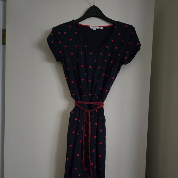 Women's Boden Hallie Dress size 4 Petite Navy 95/5 Cotton with red polka dots - Picture 1 of 3